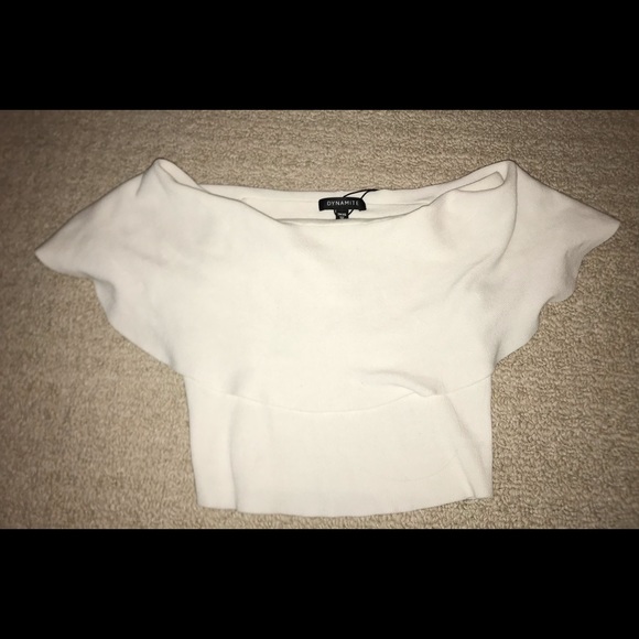 WHITE CROPPED OFF THE SHOULDER DYNAMITE SHIRT - Picture 2 of 3